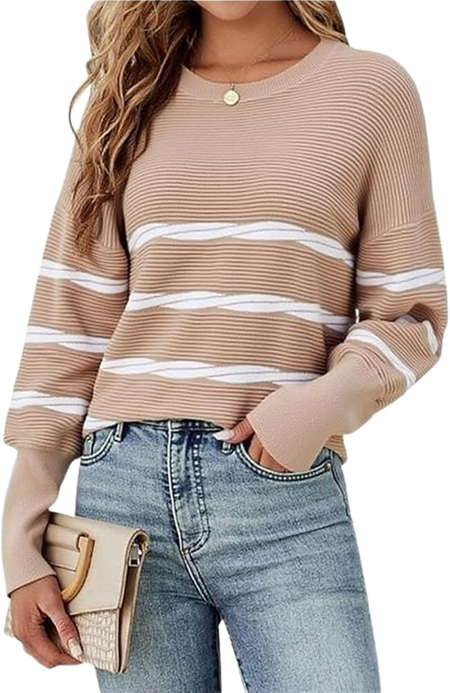 ECOWISH Women's Long Sleeve Crewneck Striped Sweater - Fall 2025 Trendy Casual Knitwear for Offic... | Amazon (US)