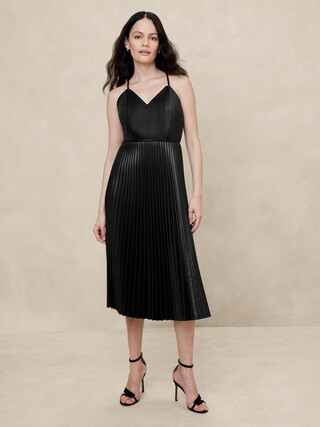 Vegan Leather Pleated Midi Dress | Banana Republic Factory