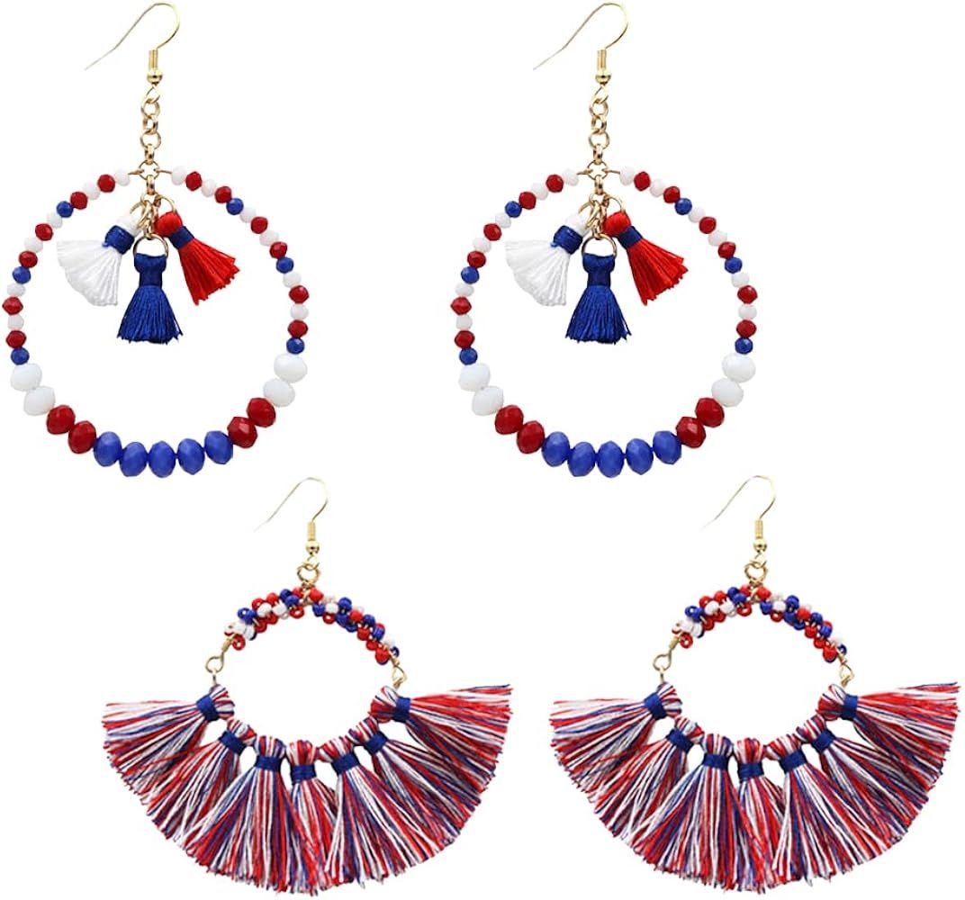 Patriotic Earrings for Women, 4th of July Earrings American Flag Dangle Earrings Red White and Bl... | Amazon (US)