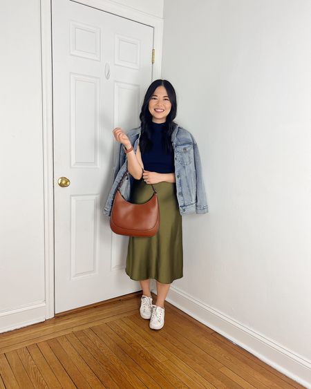 Denim jacket (SP)
Navy top (XS)
Olive green skirt (S)
Brown bag
White sneakers (TTS)
Spring outfit
Casual outfit
Weekend outfit

#LTKSeasonal #LTKfindsunder50 #LTKstyletip