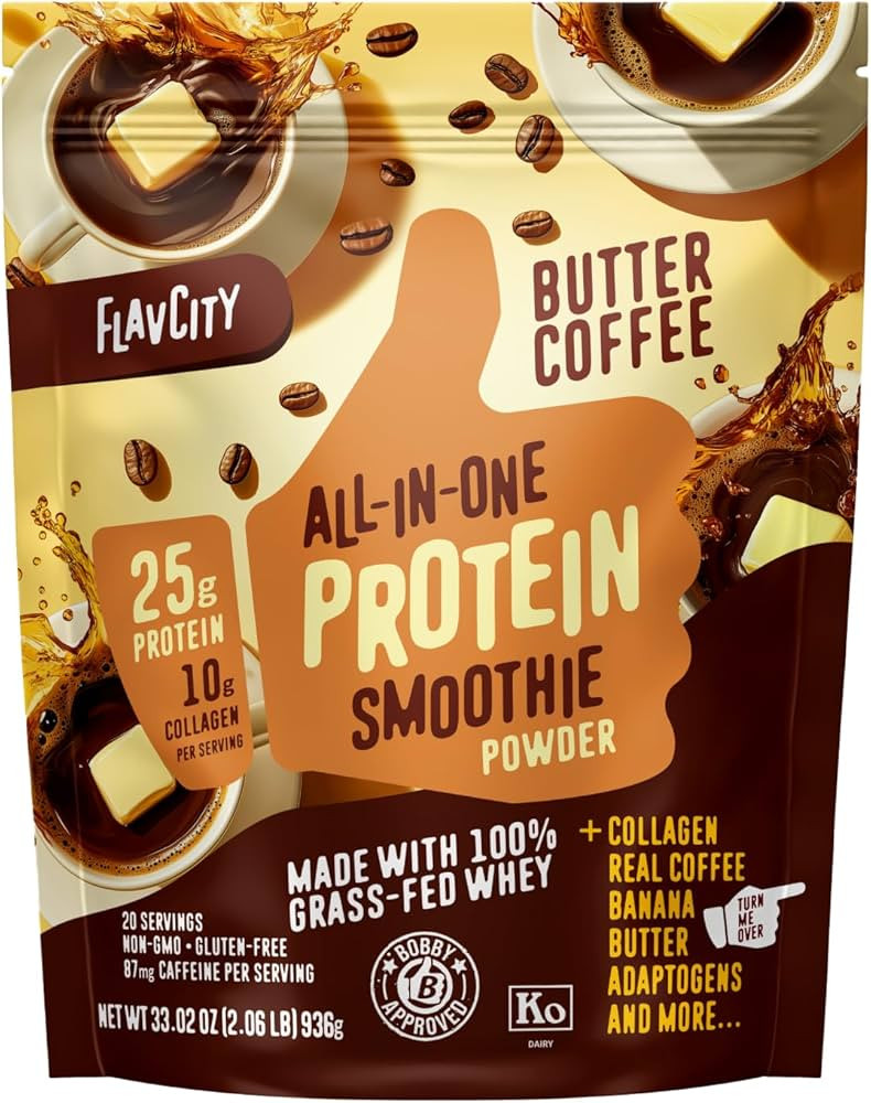 FlavCity Grass Fed Whey Protein Powder - Butter Coffee - 25g Protein, 10g Collagen & 87mg Caffein... | Amazon (US)