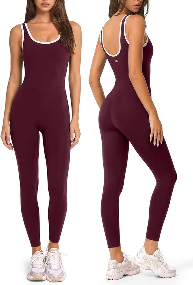 One Piece Workout Jumpsuits for Women - Yoga Full Length Romper with Square Neck and Contrast for... | Amazon (US)