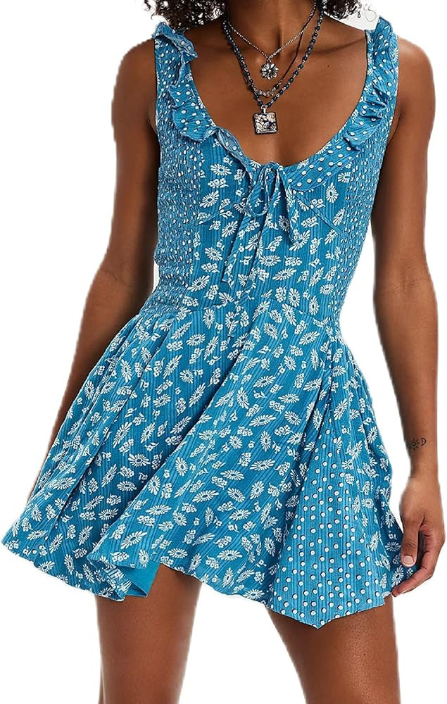 Women Summer Boho Floral Mini Cami Dress Spaghetti Strap Flowy Short Sling Dress Sleeveless Low C... | Amazon (US)