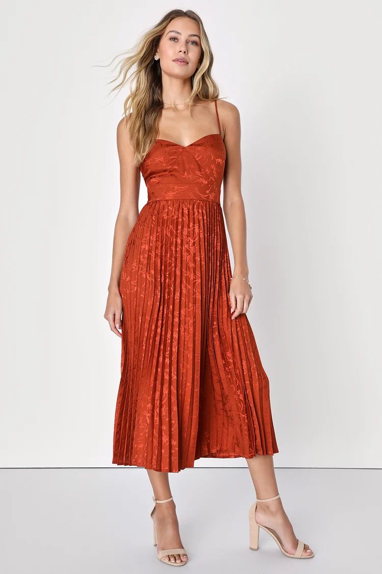 Regal Romance Rust Floral Jacquard Pleated Satin Midi Dress | Lulus