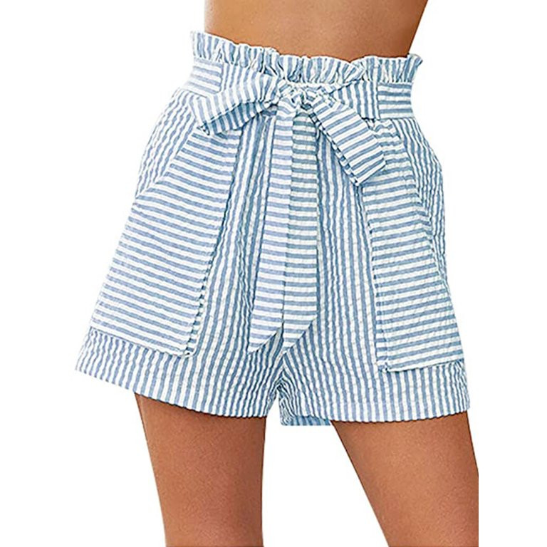 Nlife Women Stripe Drawstring Ruffle Elastic Waistband Pockets Shorts | Walmart (US)