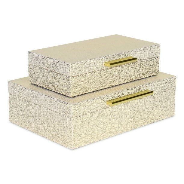 Set of 2 White and Gold Rectangular Faux Shagreen Decorative Box with Handles 11.75" | Walmart (US)