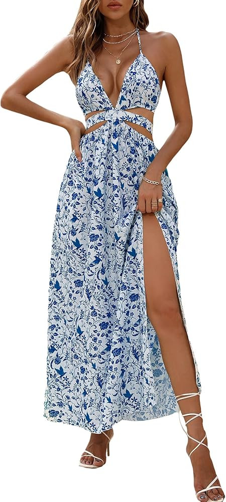 MakeMeChic Women's Floral Halter Deep V Neck Tie Open Back High Slit A Line Cami Summer Maxi Dres... | Amazon (US)