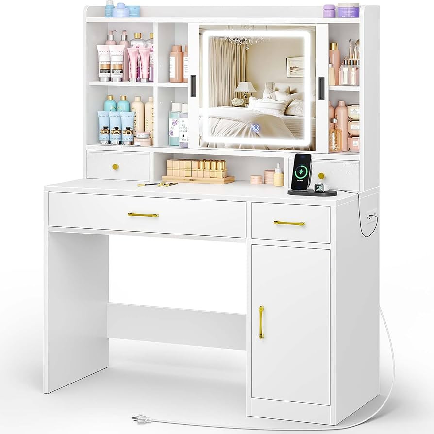 Seventable Vanity Desk with Sliding Mirror & Power Outlet, Makeup Vanity Desk with LED Lights, Ad... | Amazon (US)