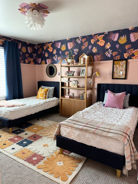 In my flower power era! A colorful kids shared bedroom makeover on a budget! 
Upholstered beds
Fluted shelving unit (also matching console table and larger shelves ON SALE AND THE QUALITY IS SO GOOD ).
Flower rug
Art prints
And floral flush mount light all from @walmart #walmartpartner #IYWYK

#LTKhome #LTKkids #LTKfamily
