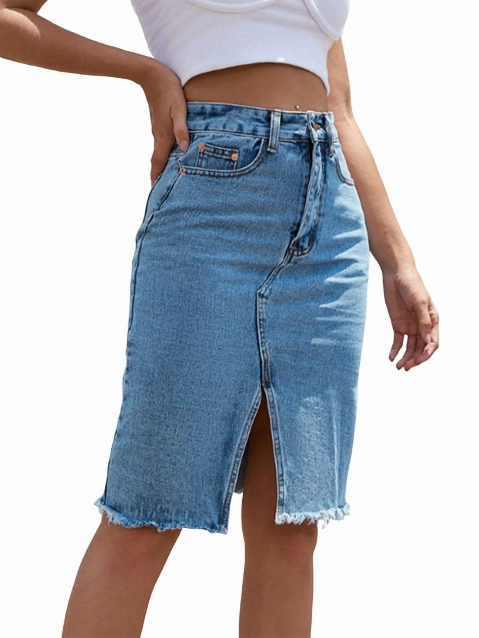 Women'S High Waisted Split Front Raw Hem Bodycon Midi Denim Skirt Medium Blue M | Walmart (US)