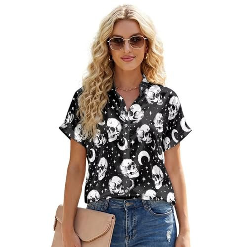 Pwnixequ Gothic Skull Office Button Down Shirt for Women Satin Short Sleeve Blouse Quick Dry Casual Work Tunic Top for Work 2XL | Amazon (US)