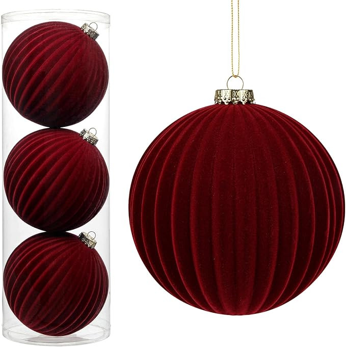 6" Extra Large Velvet Christmas Ball Ornaments Set of 3, Oversized Flocked Ornaments for Xmas Tre... | Amazon (US)