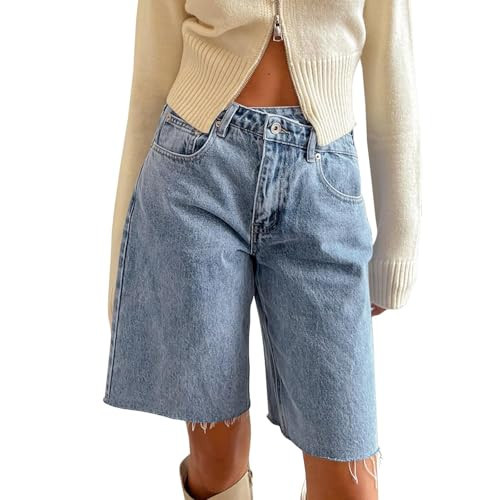 Baggy Bermuda Jean Shorts for Women Y2K Wide Leg Long Denim Shorts Vintage Knee Length Jean Jorts with Pockets (Sky Blue, XL) | Amazon (US)