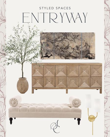 Modern organic neutral light and bright entryway decor!

faceted wood sideboard, large tall faux olive tree in planter, velvet settee bench, moody neutral large scale art, brass wall sconce 

#LTKhome #LTKsalealert #LTKstyletip