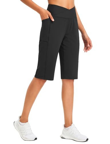 baleaf Women's Bermuda Long Shorts 14" Knee Length Capri Pants High Waisted Athletic Shorts with Pockets Summer Casual Black M | Amazon (US)