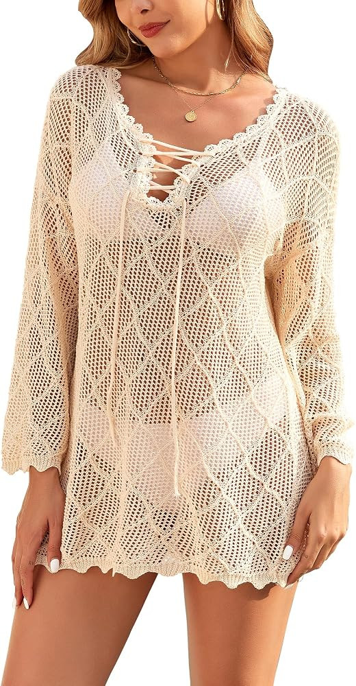 Women's Crochet Cover Ups 2026 Hollow Out Bathing Suit Bikini Coverup Knit Swimsuit Beach Dress | Amazon (US)