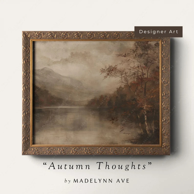 Moody Fall Art Print Lake Landscape, Vintage Autumn Oil Painting Wall Art, Modern Cottage Style F... | Etsy (US)