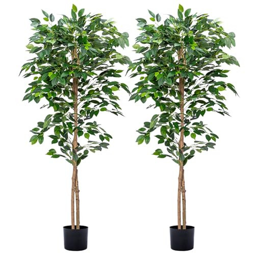 HAIHONG 2Packs 5FT Artificial Ficus Trees with Realistic Leaves and Natural Trunk, Faux Ficus Tree with Sturdy Plastic Nursery Pot, Fake Ficus Tree for Office Home Farmhouse for Indoor Outdoor Decor | Amazon (US)