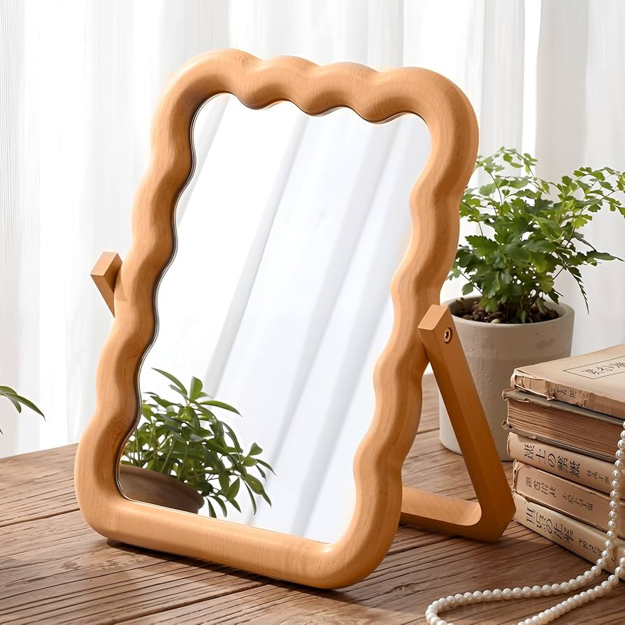 Wooden Wave Shaped Makeup Table Mirror with Stand Folding Tabletop Vanity Mirror Scalloped Aesthe... | Amazon (US)
