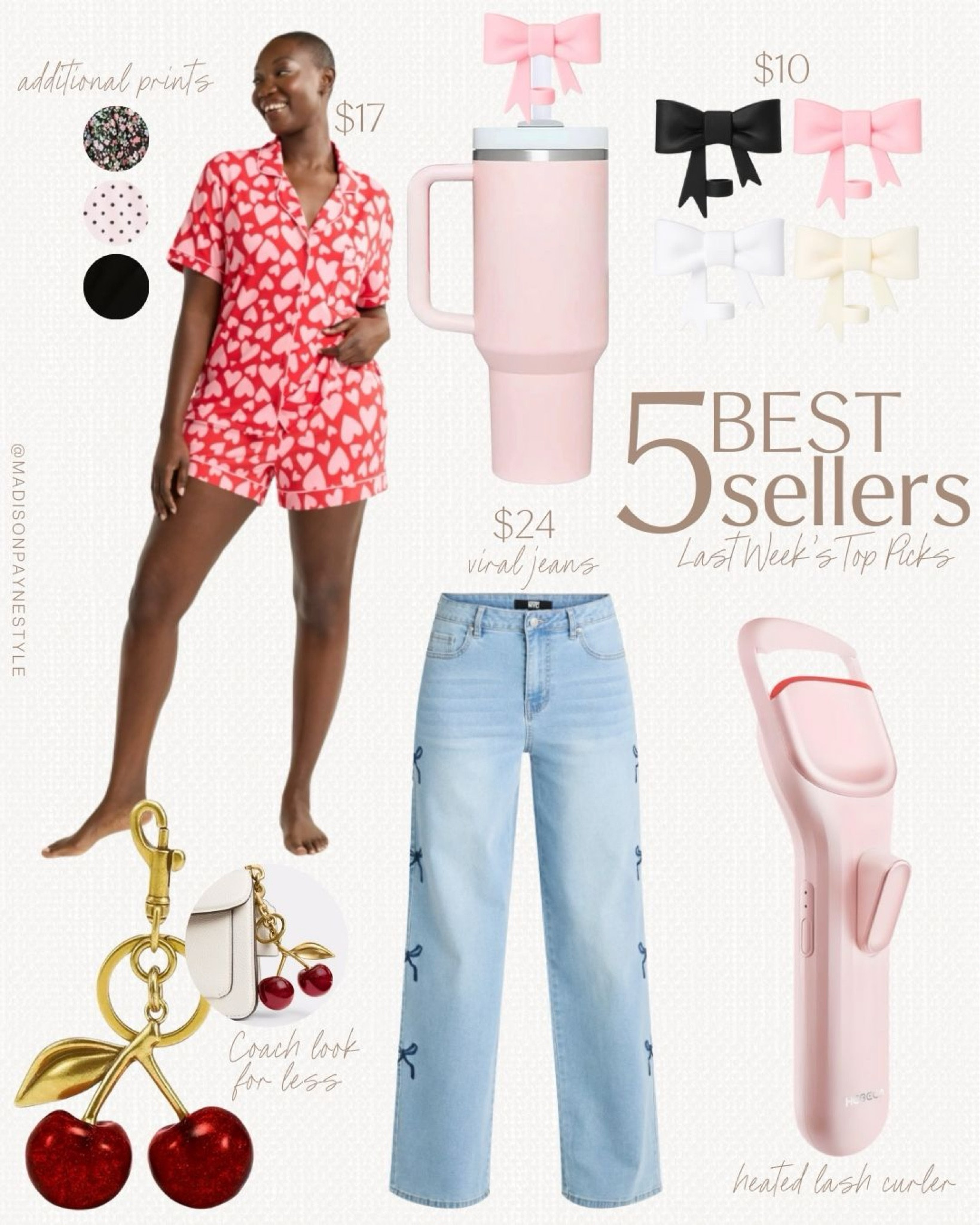 $17 Walmart pajama set was a best seller last week 🥰 along with bow straw toppers (4 pack for $10), a cherry bag charm that is a Coach look for less, bow jeans that are currently going viral, and a heated lash curler✨

Pajamas, Walmart pajamas, Walmart fashion, Walmart outfits, Walmart style, tumbler toppers, Amazon tumbler topper, Amazon tumbler, Amazon, cherry bag charm, bag charm, Amazon bag charm, Coach, Walmart jeans, Amazon beauty, Madison Payne 

#LTKFindsUnder50 #LTKStyleTip #LTKSeasonal