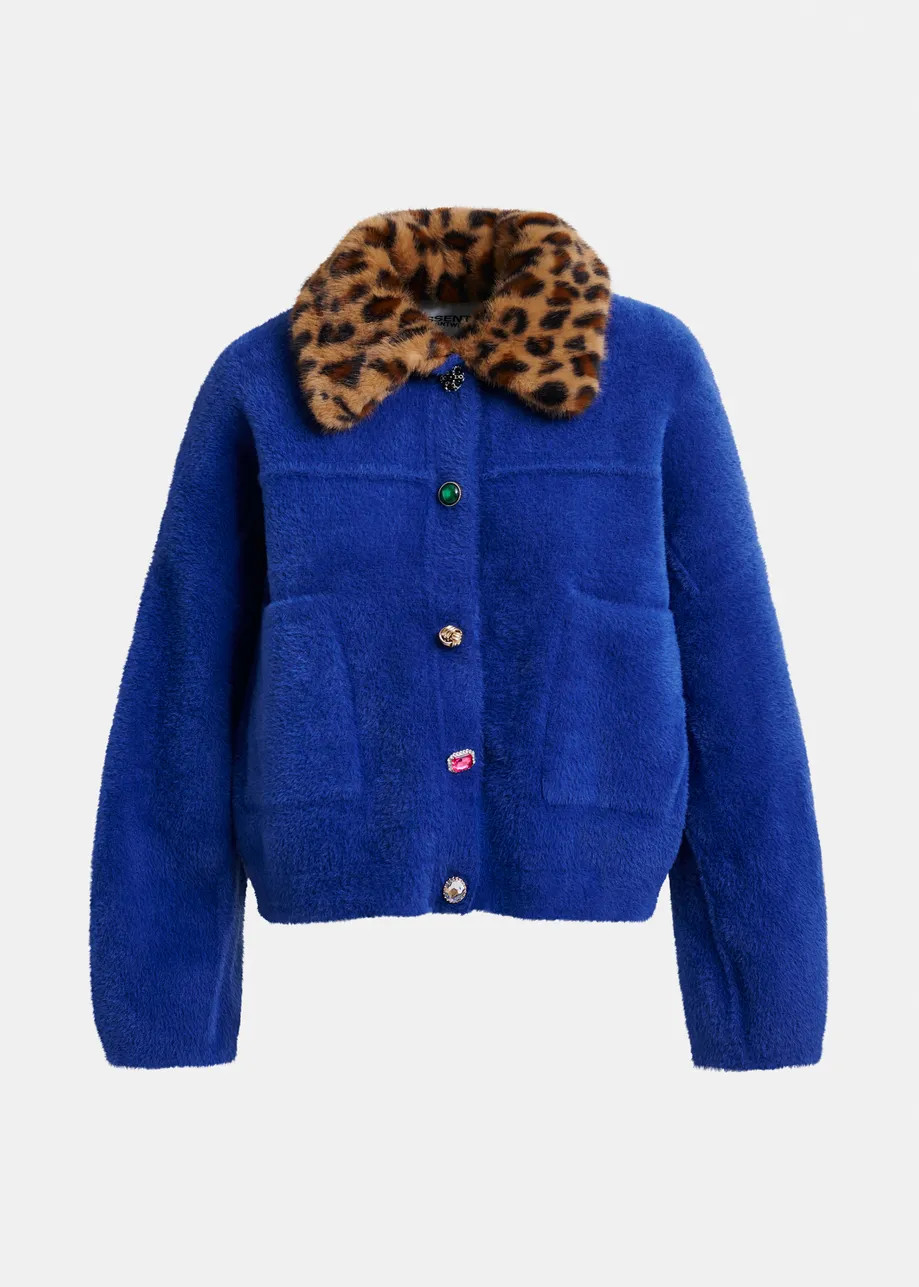 Blue cardigan with removable leopard faux fur collar | Essentiel Antwerp United Kingdom | Essentiel Antwerp