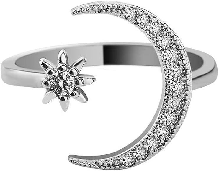HOBT Crescent Moon Ring Gold Plated CZ Star Moon Adjustable Open Rings for Women Girls | Amazon (US)
