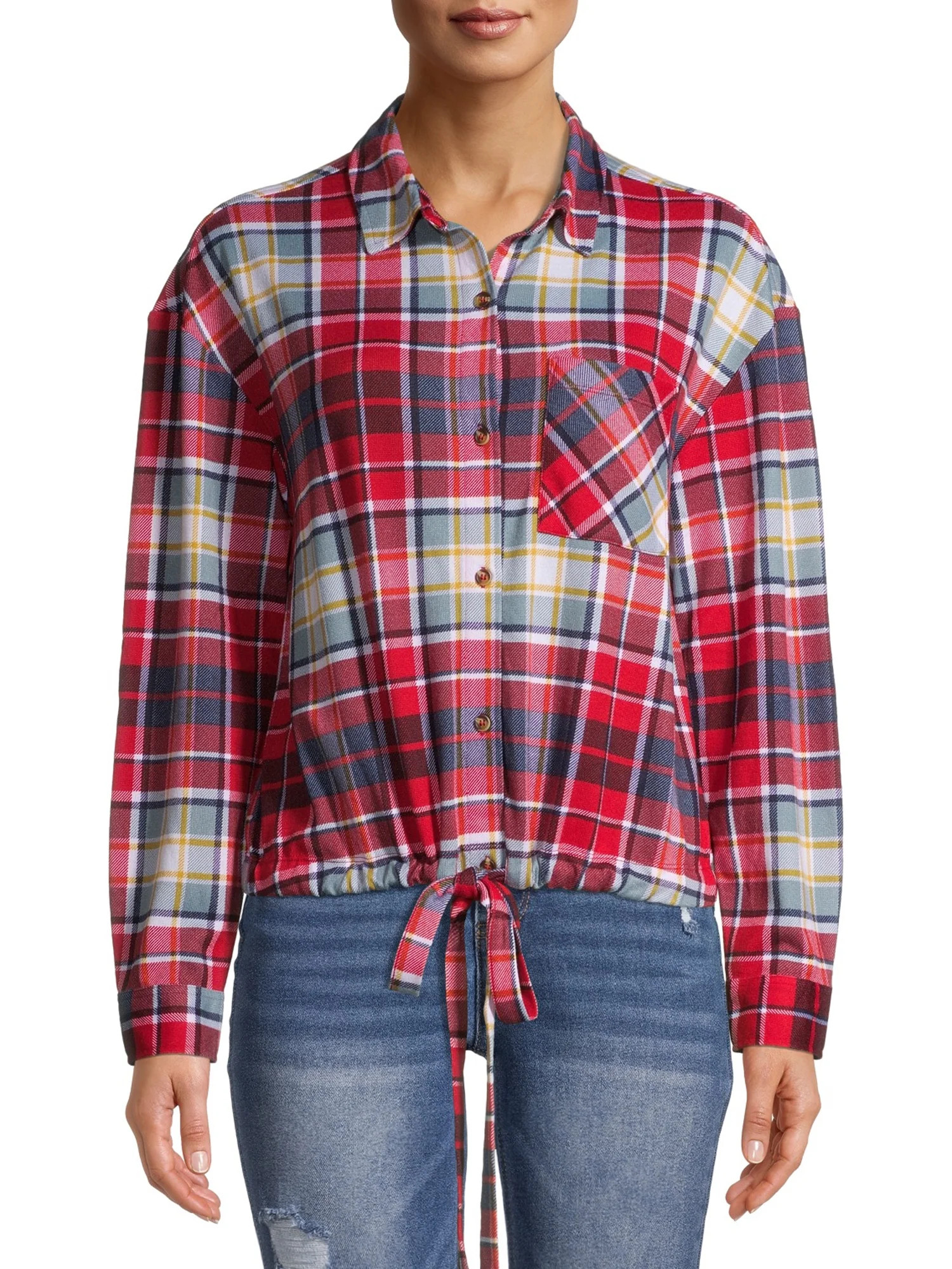 No Boundaries Juniors' Tie Front Plaid Flannel Shirt | Walmart (US)