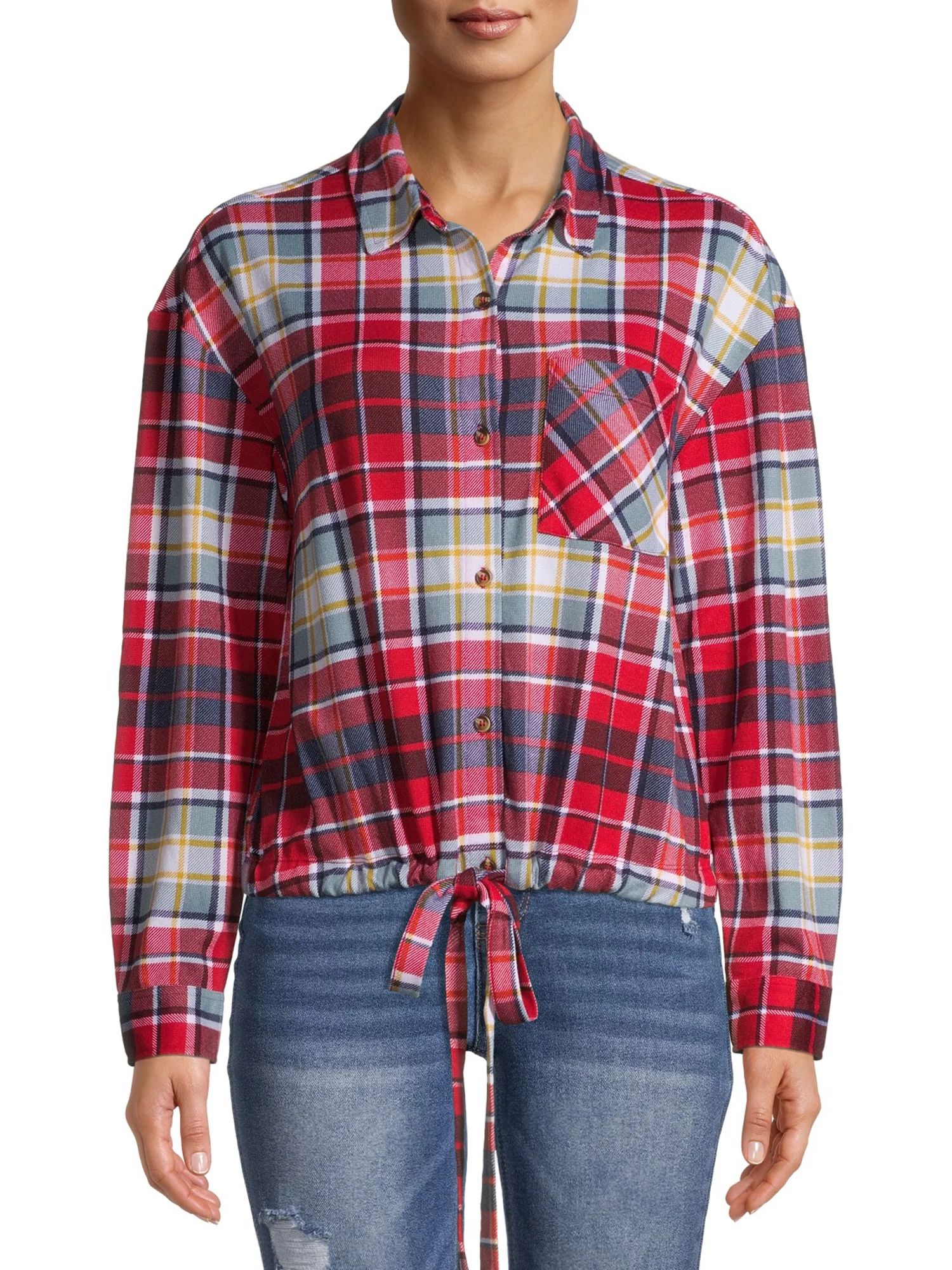 No Boundaries Juniors' Tie Front Plaid Flannel Shirt | Walmart (US)