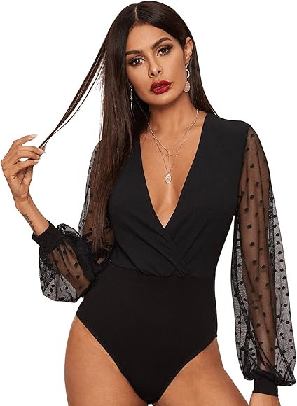 SheIn Women's Mesh Wrap Long Sleeve Bodysuit V Neck Polka Dots High Waist Top | Amazon (UK)