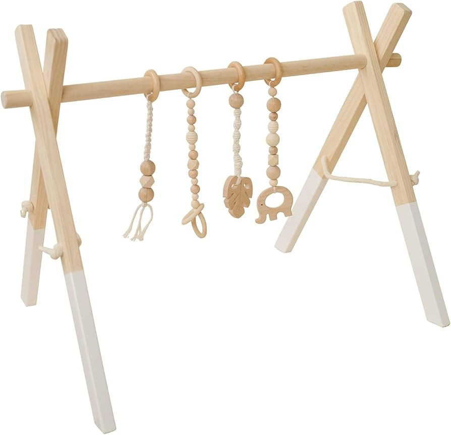 Poppyseed Play Wooden Baby Play Gym, Foldable Frame w/Hanging Bar, Tied Cotton Cord & Wooden Toys... | Amazon (US)