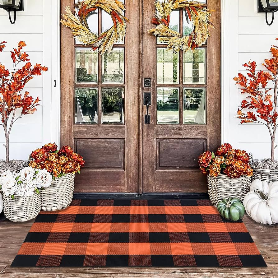 Orange and Black Plaid Rug, 28'' x 43'' Fall Outdoor Front Door Decor Mat, Cotton Washable Hand-W... | Amazon (US)