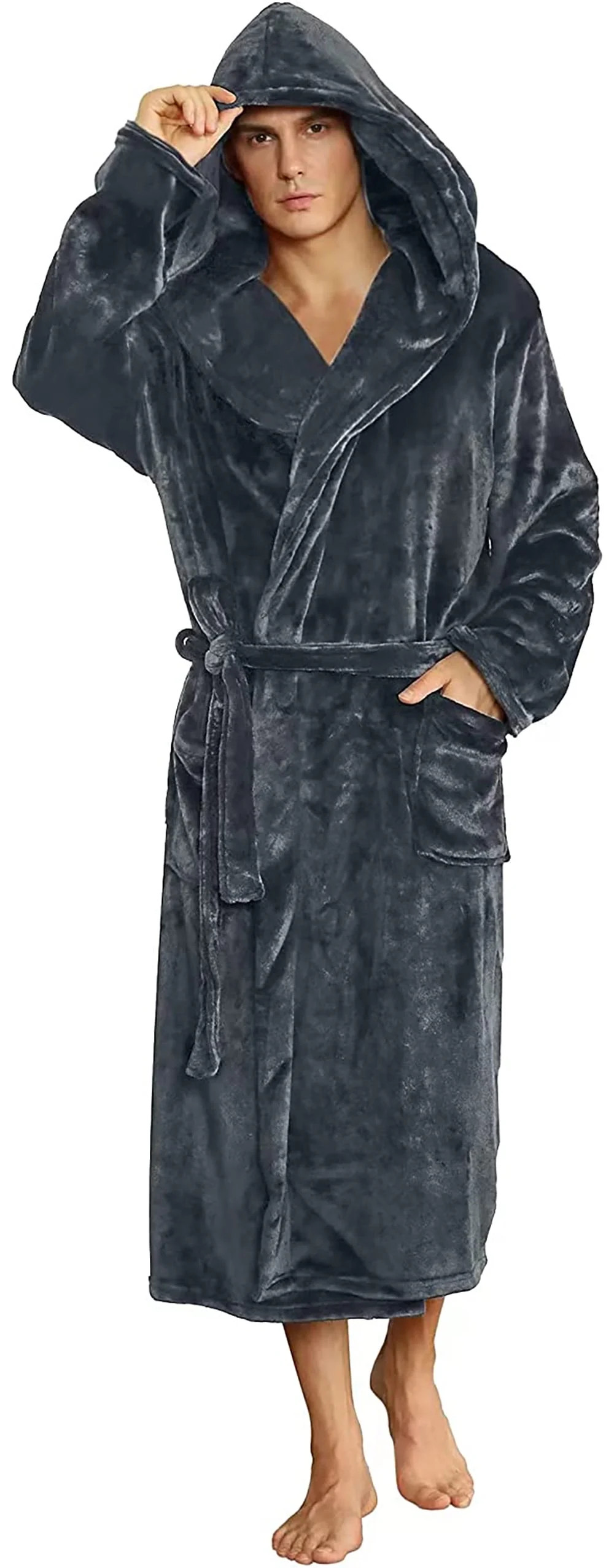 U2SKIIN Mens Hooded Robe, Plush Soft Warm Mid Length Fleece Bathrobe for Men (Dark Grey Hooded,L-... | Walmart (US)