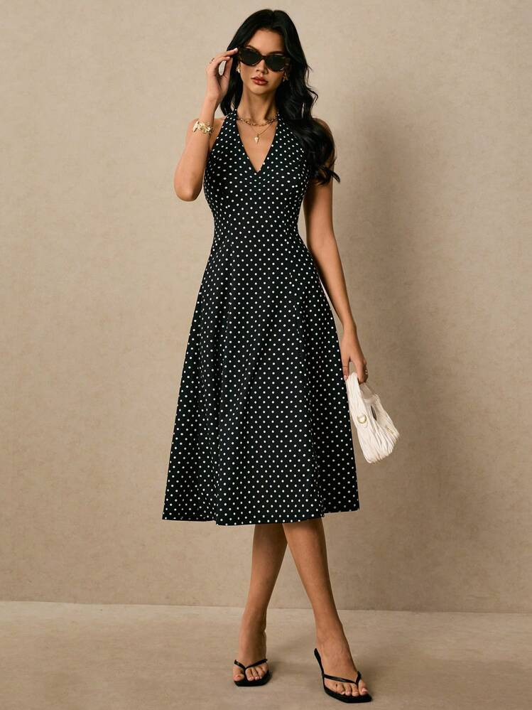 Poéselle Damen Sommer Polka Punkt Bedrucktes Retro Elegantes Neckholder Wadenlang Kleid | SHEIN