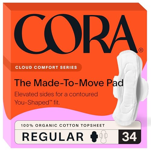 Cora Made-to-Move Regular Pads with Wings, Organic Cotton Topsheet Ultra Thin Feminine Care Pads for Women, Soft, Comfortable & Breathable Menstrual Pad, Regular Absorbency, Unscented, 34 Count | Amazon (US)