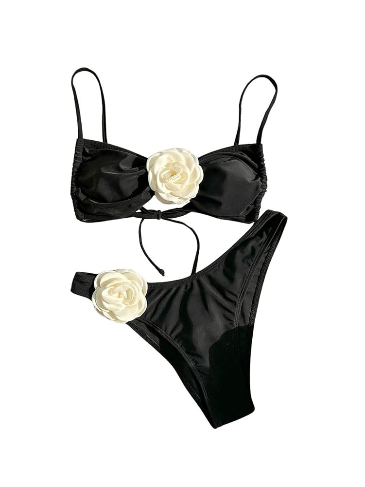 WDIRARA Women's Floral Appliques Ruched Swimsuit Bikini Set High Cut Bathing Suit | Amazon (US)
