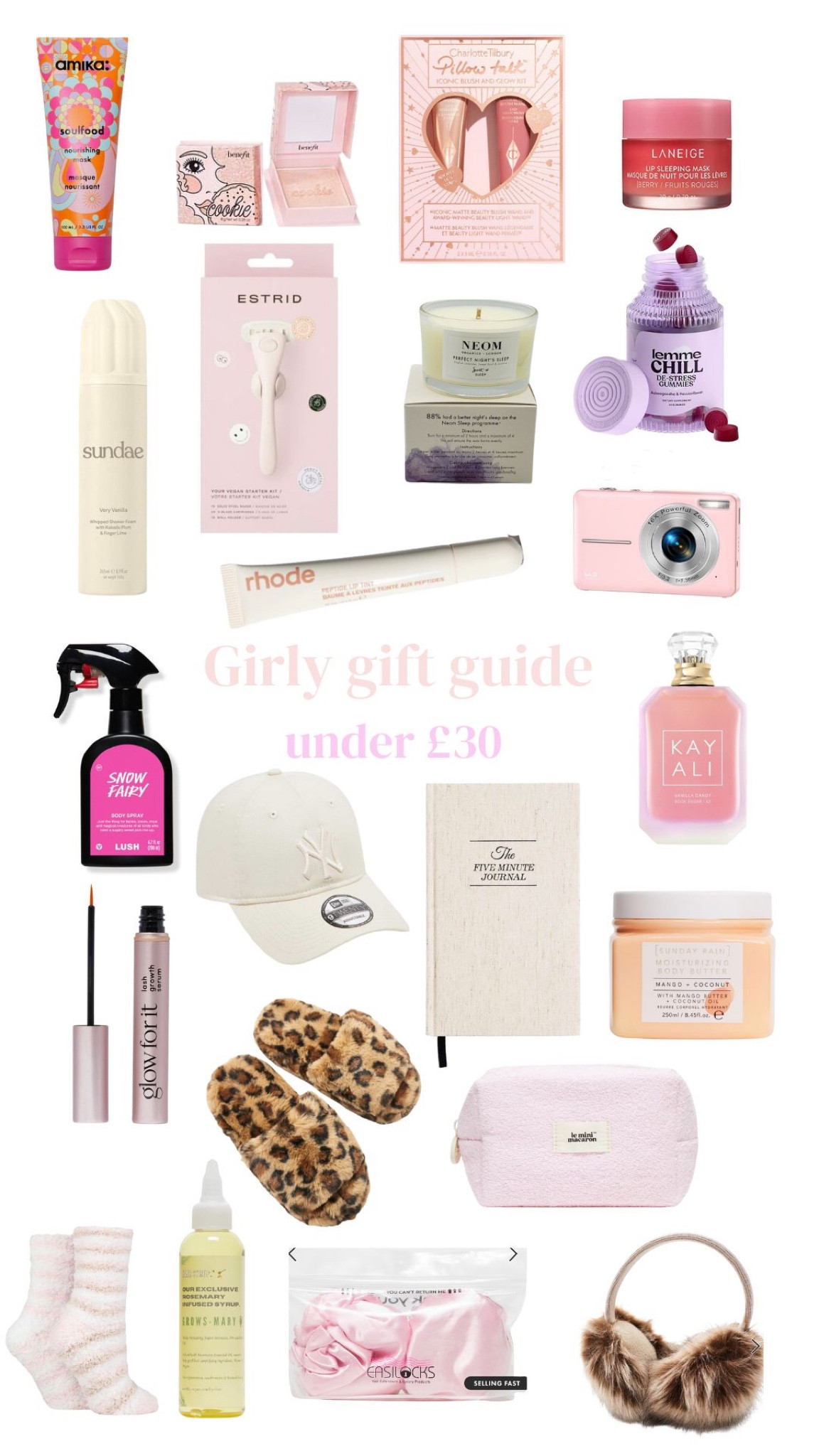 Girly gift guide for Christmas 🫶🏼 all under £30 ⭐️

Lush spray, slippers, camera, Rhode lip balm, Sundae body wash, Estrid razor, Laneige lip mask, journal 

 #LTKgiftguide #LTKuk