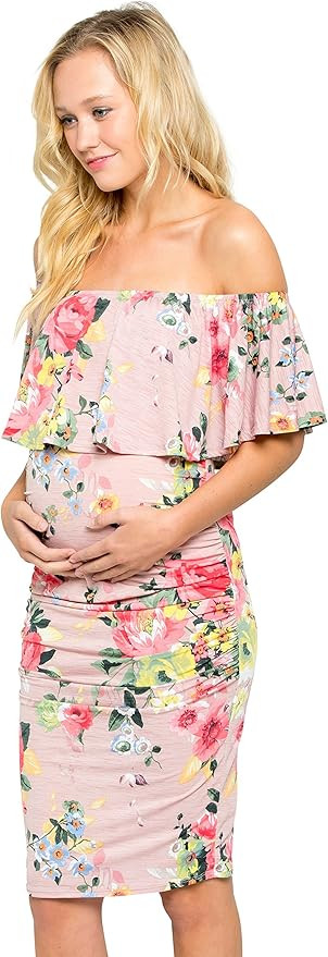 My Bump Women's Ruffle Off-Shoulder Maternity Dress W/Side Sharing(Made in USA) | Amazon (US)