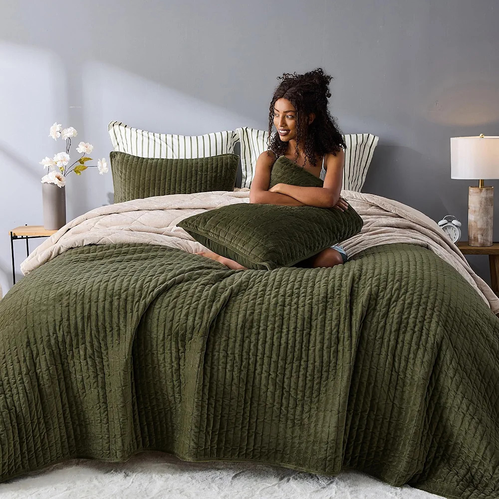 SHALALA Velvet Quilt King Size,Striped Bedding Set,Lightweight Velvet Comforter,Luxurious Cozy Bedspread and Coverlet with Soft Brushed Microfiber Back for All Season(King,Army Green) | Amazon (US)