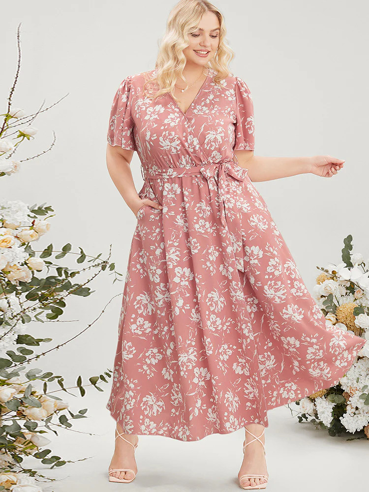 Floral Print Belted Surplice Neck Pocket Ruffle Maxi Dress | Bloomchic