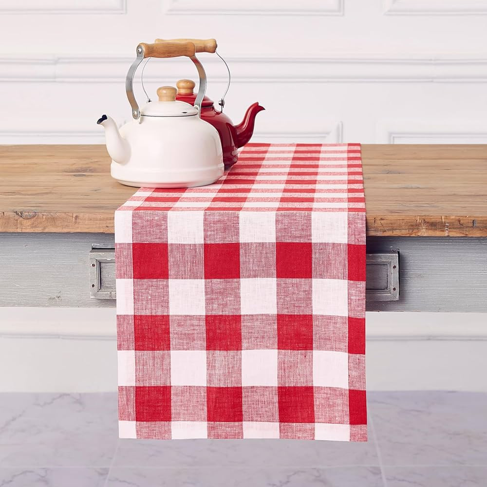 Solino Home Linen Check Table Runner 132 inches Long – 100% Pure Linen Red and White Buffalo Pl... | Amazon (US)