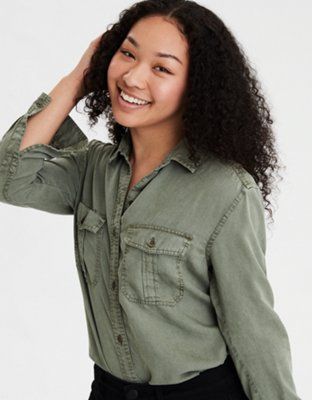 AE Oversized Military Button Up Shirt | American Eagle Outfitters (US & CA)