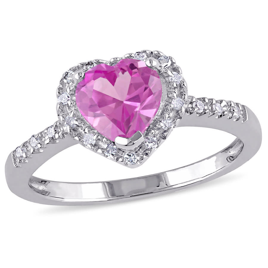 AMOUR 1/10 CT TW Diamond and Created Pink Sapphire Heart Halo Ring In Sterling Silver | Jomashop.com & JomaDeals.com