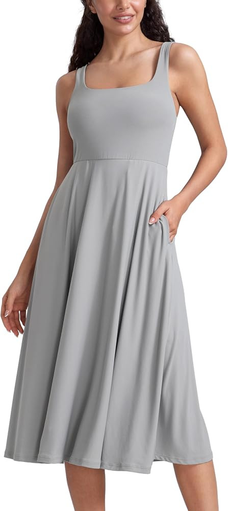 CRZ YOGA Cloudweight Double Lined Square Neck Midi Dresses for Women Casual Summer Sleeveless Out... | Amazon (US)
