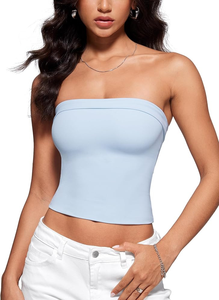 INGIA Womens Double-Layer Fold-Over Collar Tube Top No Padding Bandeau Strapless Shirts Tank Tops | Amazon (US)