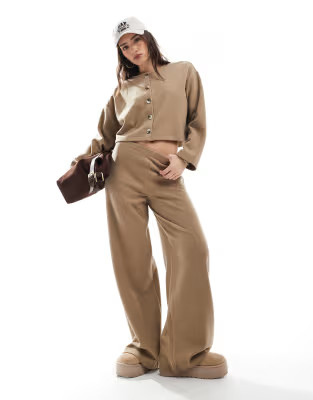 Miss Selfridge soft rib wide leg trouser in beige | ASOS (Global)