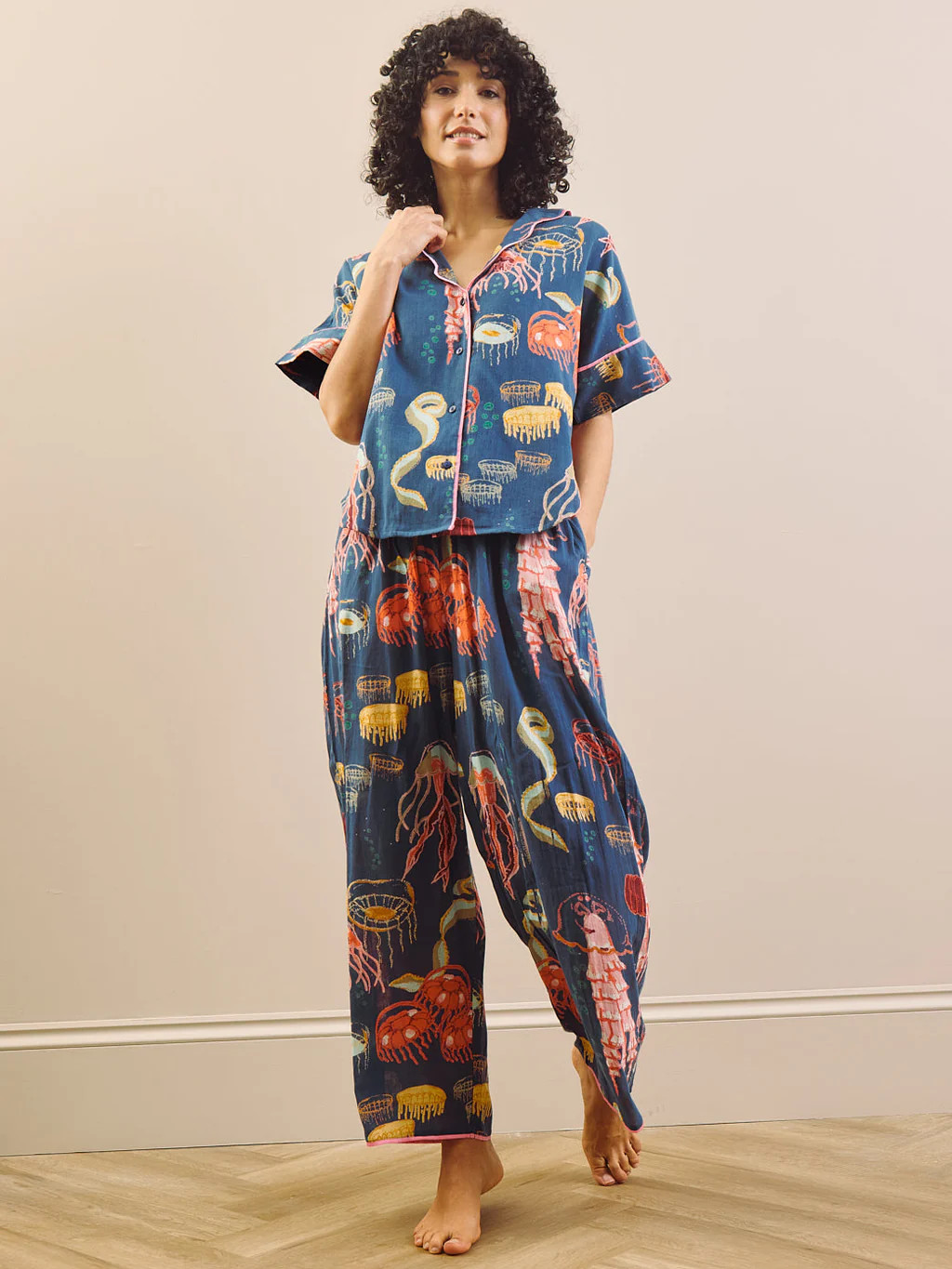 Womens Navy Ocean Dreaming Gauze Oversize Long Pyjama Set | Their Nibs UK