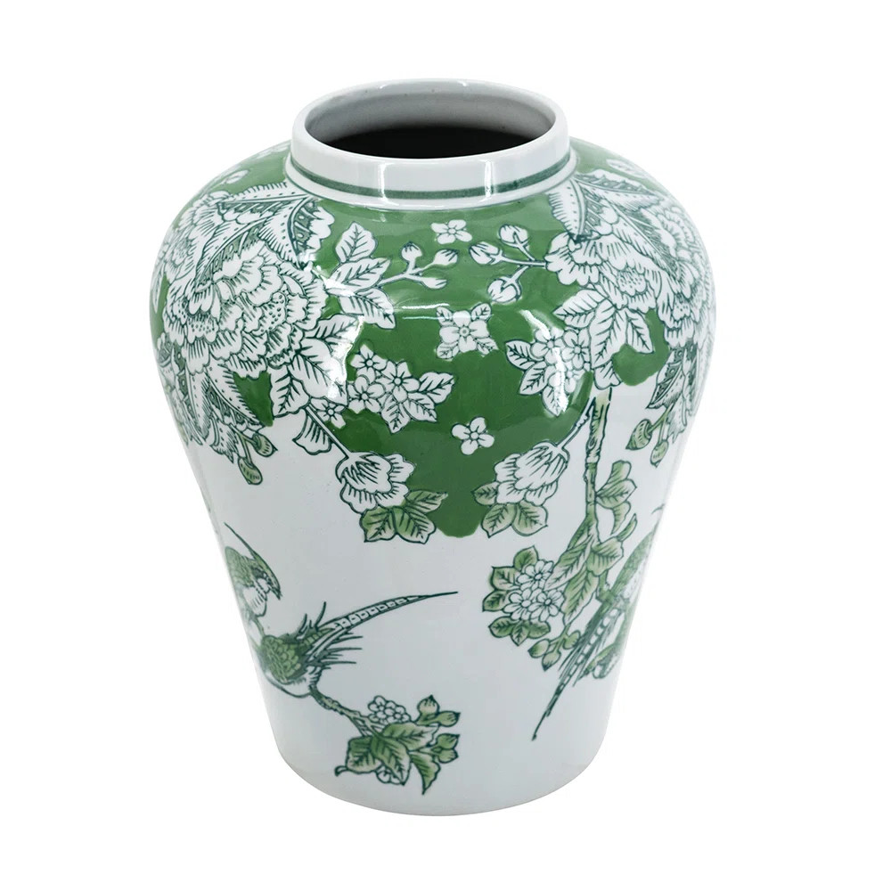 D8.5X10" Green And White Porcelain Vase With Nature-Inspired Motifs | Wayfair North America