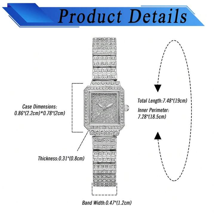 JEWELRYWE Women's Elegant Luxury Rhinestone Watch, Small Imitation Diamond Formal Analog Quartz Wristwatch, Alloy Strap, Square Case, Hip-Hop Style, Suitable For Casual Business Wear, Birthday Anniversary Christmas Gift | SHEIN