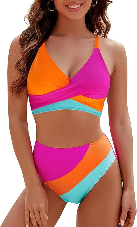 Blooming Jelly Womens High Waisted Bikini Sets Criss Cross Two Piece Swimsuits Color Block Full C... | Amazon (US)