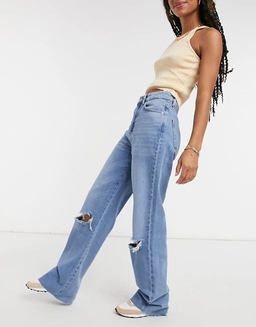 Stradivarius straight leg 90s jeans with rips in blue | ASOS (Global)